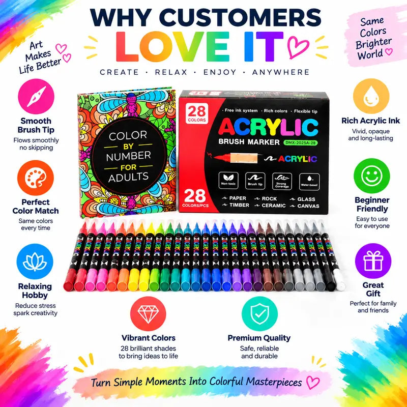 Original seller feature graphic for upgraded 28-color acrylic brush marker set