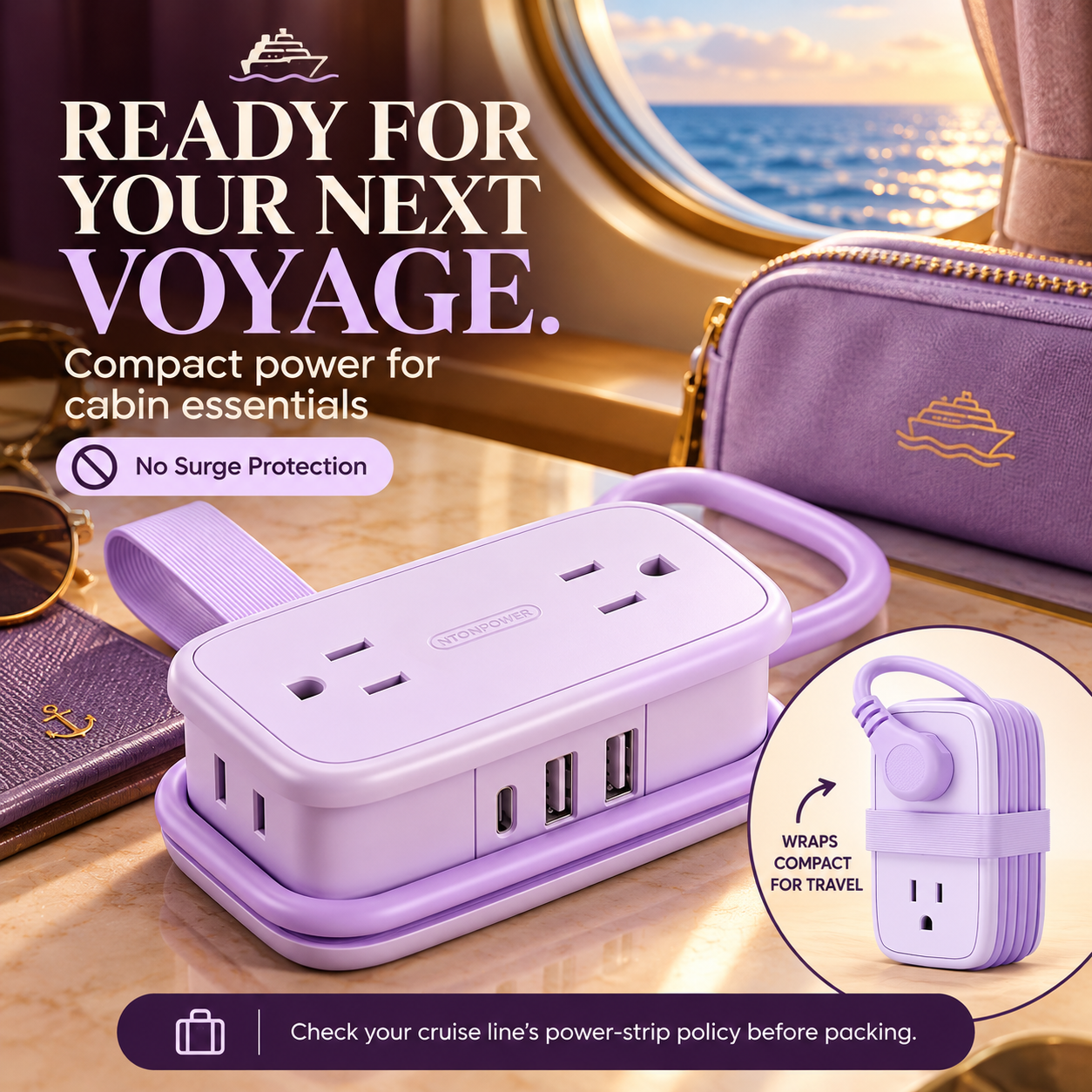 Compact purple power strip and wrapped cord displayed beside travel bag on a cruise ship