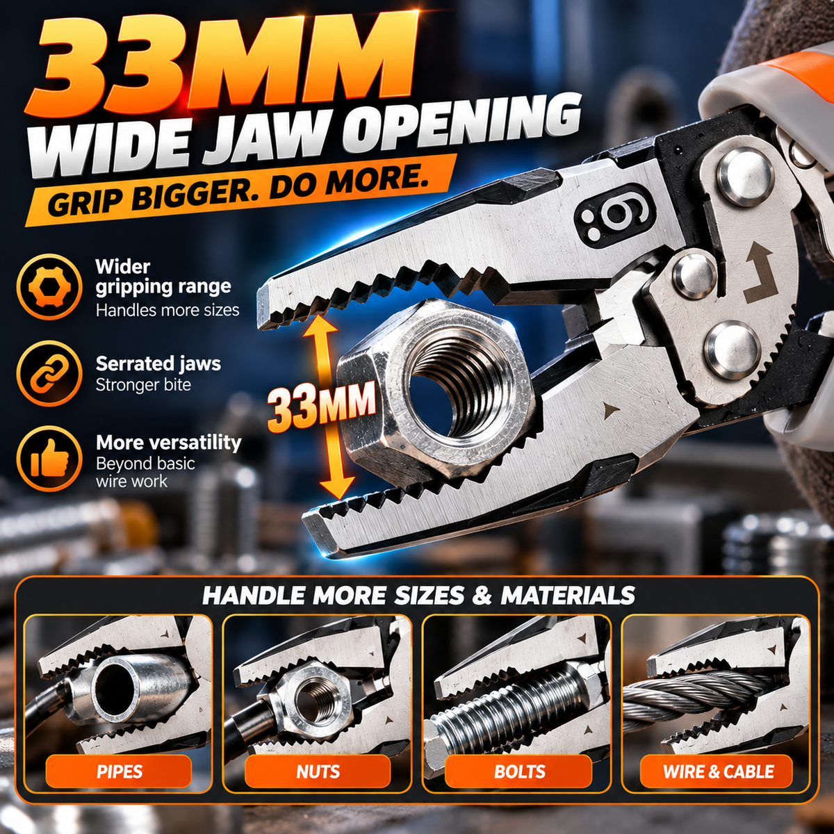33mm wide jaw ratchet pliers gripping pipe nut bolt and cable