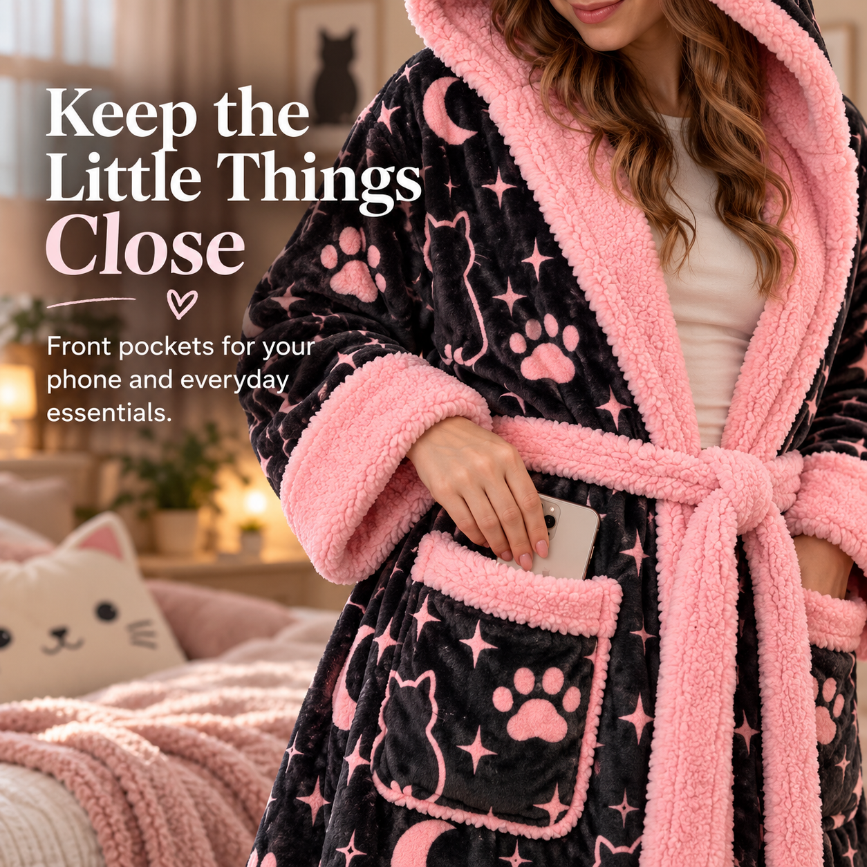 Close-up of pink-trimmed front pocket on black cat-print robe holding a smartphone