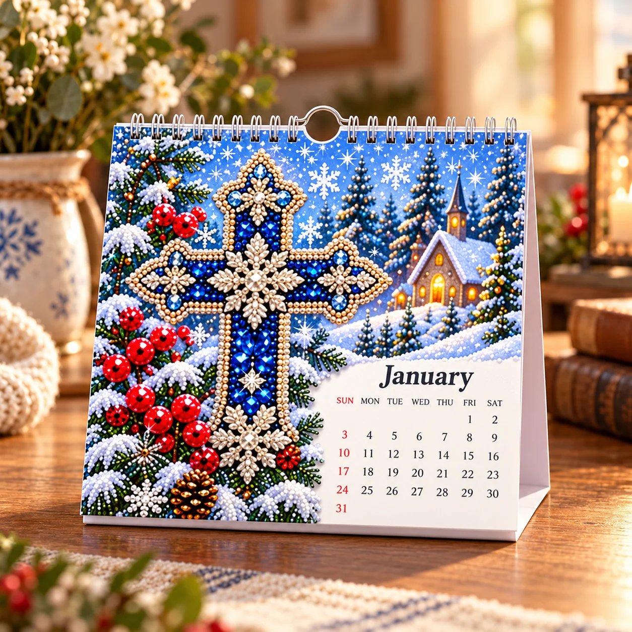 Completed January 2027 diamond art desk calendar with blue jeweled cross and snowy church
