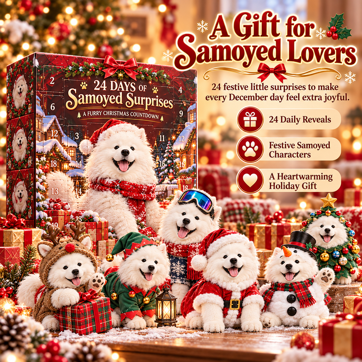 🐶🎄 24-Day Samoyed Christmas Countdown – Fluffy Mini Figurine Advent Collection