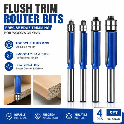 🪵 4-Piece Flush Trim Router Bits – Dual Bearings, 1/4' Shank