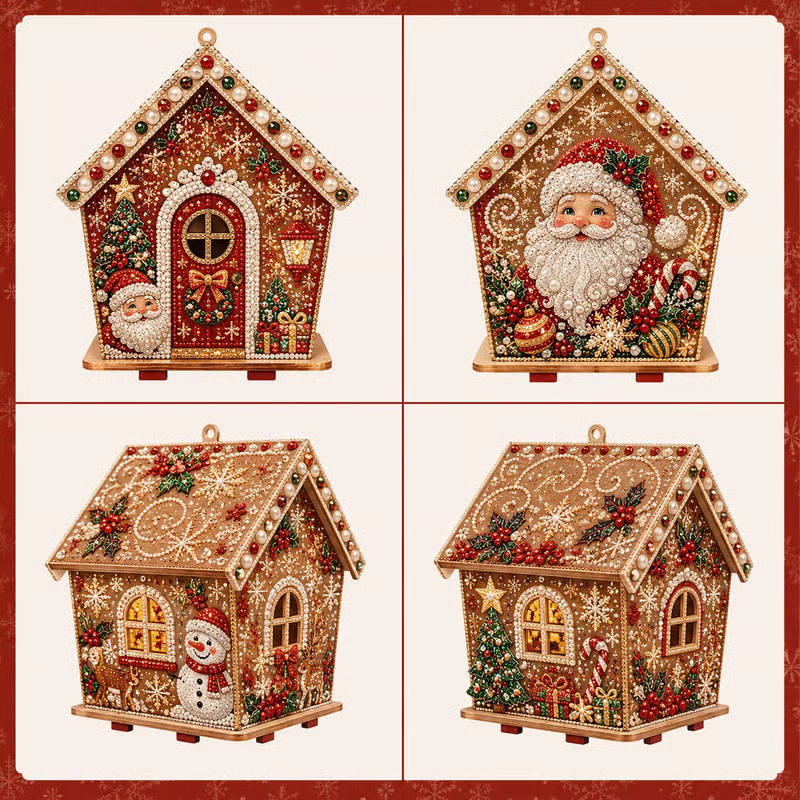 Four angles of finished rhinestone Christmas cottage