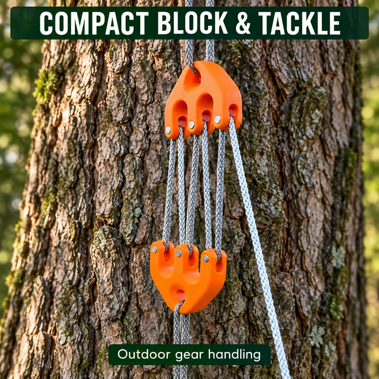 Two orange tackle blocks pictured with multiple rope sections