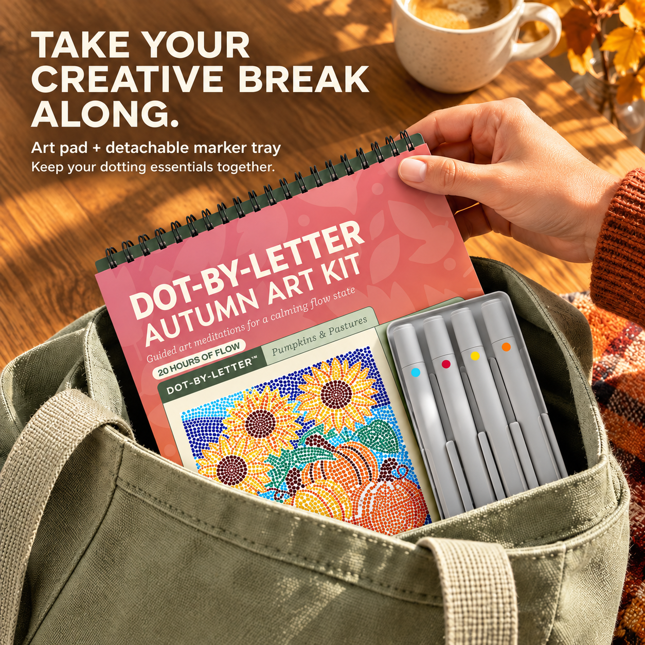 Autumn dot-by-letter art pad and markers packed into a canvas tote bag