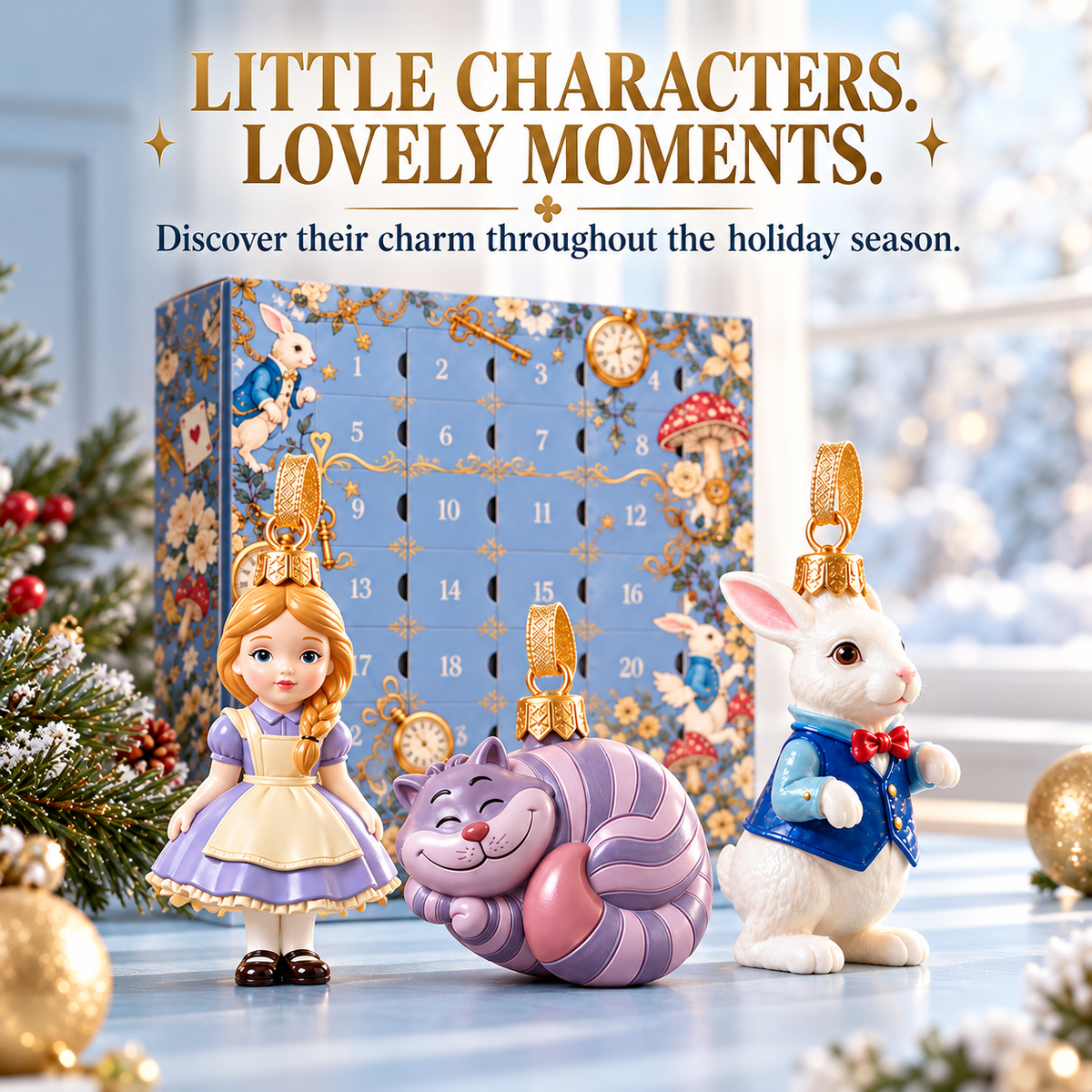 Whimsical Christmas countdown box with three character ornaments in a festive holiday setting