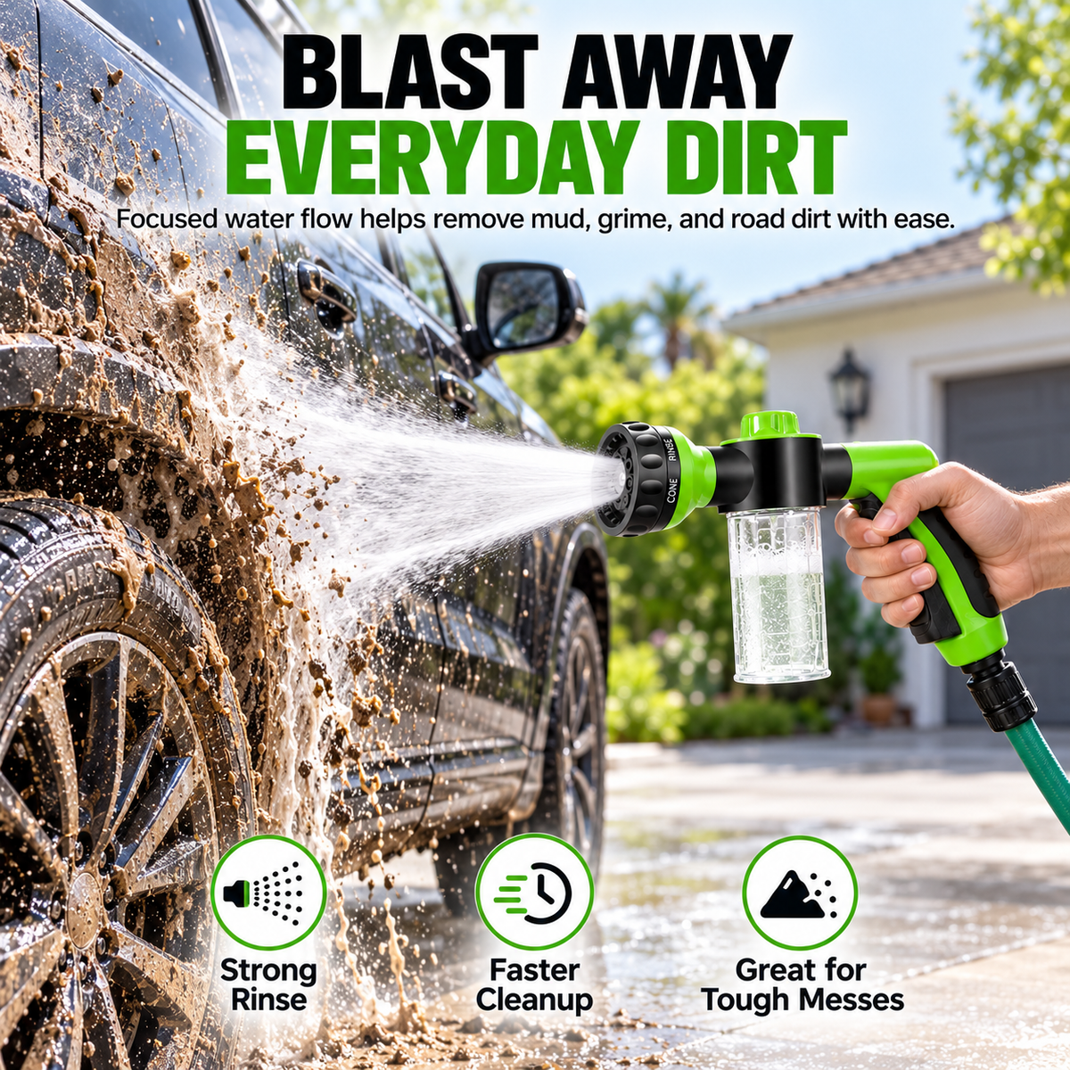 Focused vehicle rinse removing everyday mud and dirt
