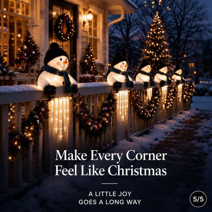 ⛄Lighted Snowman Railing Decoration with Hanging Icicle Lights