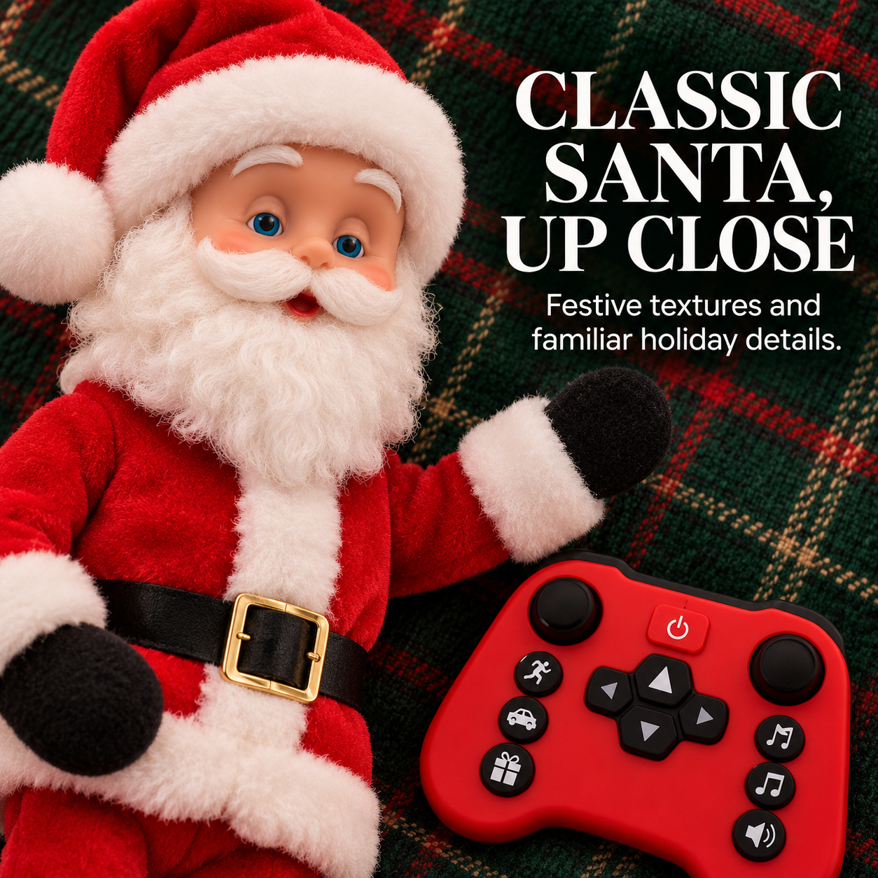 Santa close-up showing red coat white trim black belt and red controller