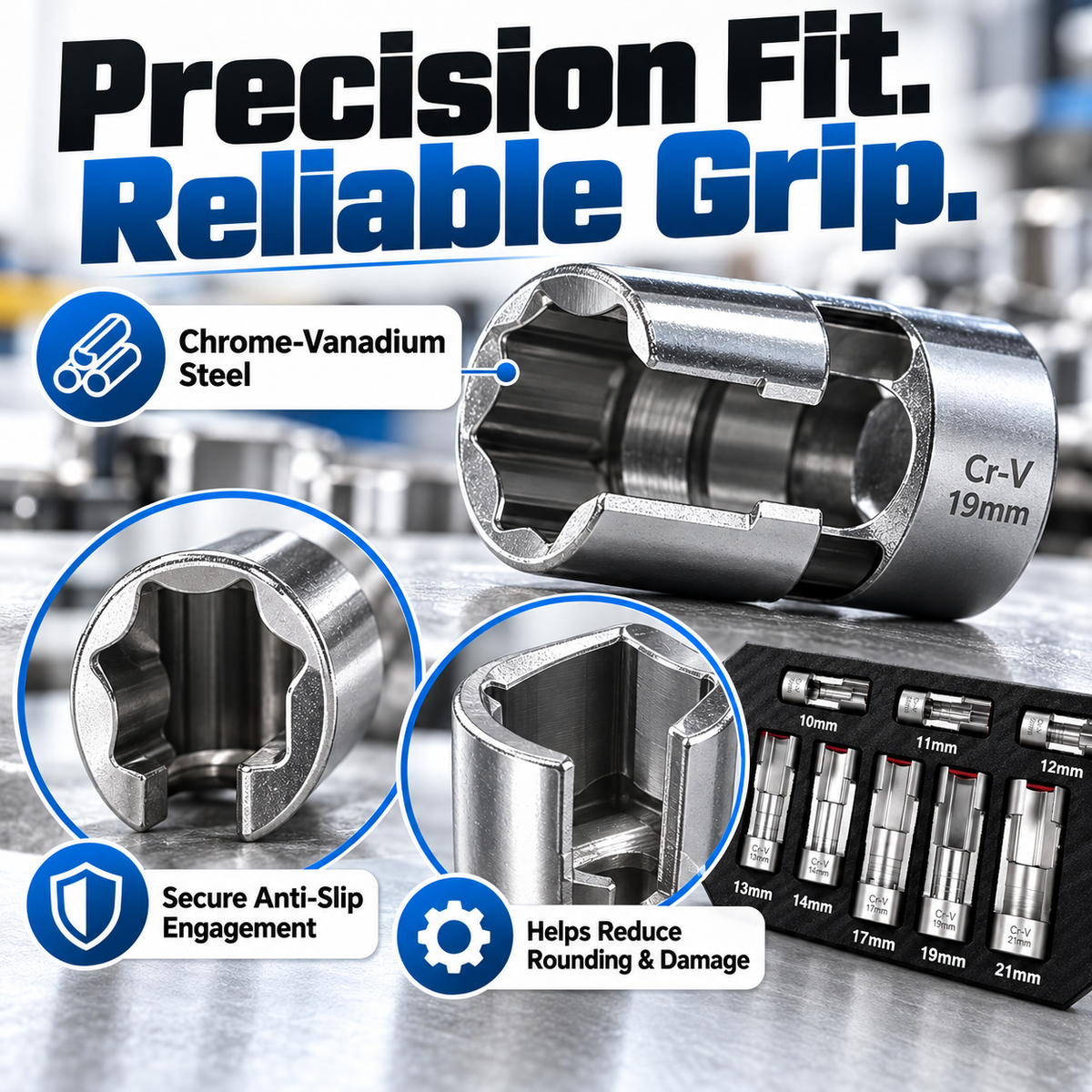 9-Piece Injector & Sensor Line Socket Set – 10–22mm Open-Side Cr-V Sockets, 3/8' & 1/2' Drive