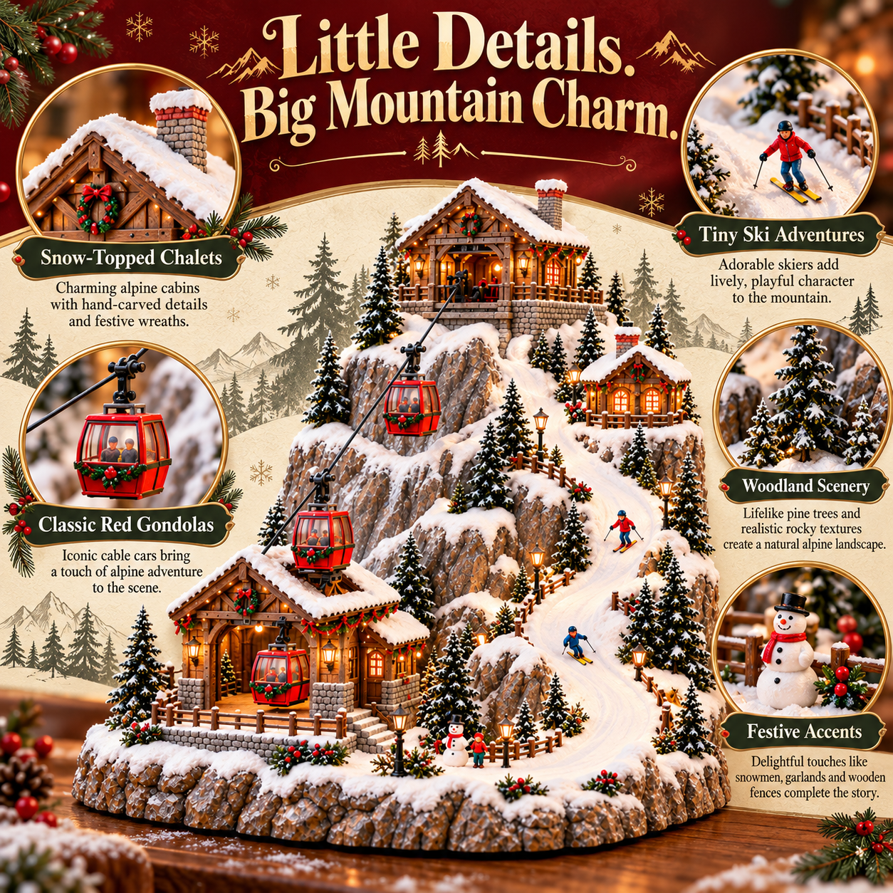 Close-up details of Alpine Christmas Ski Village cabins, gondolas and snow-covered trees