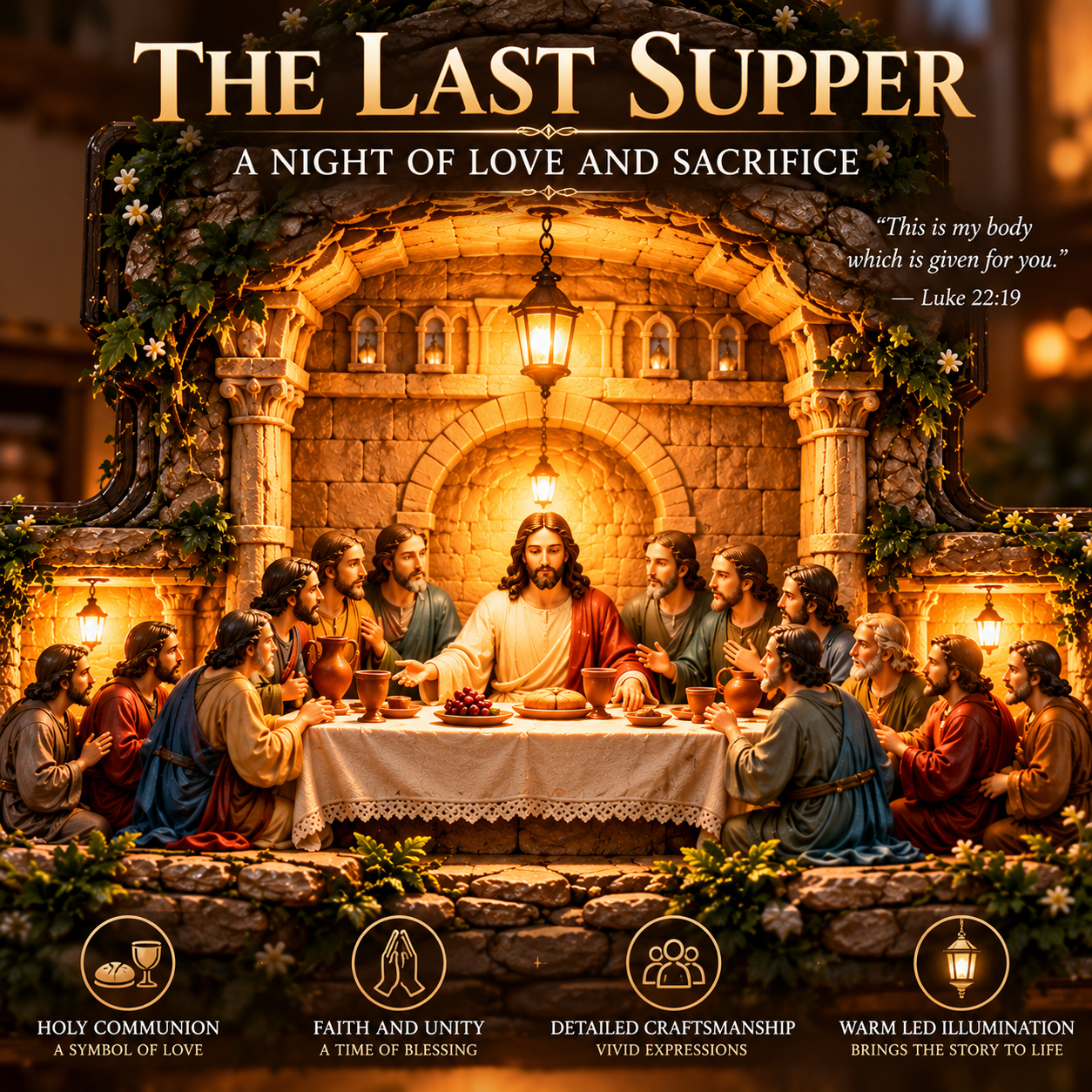 Close view of the Last Supper scene in the illuminated wall cross