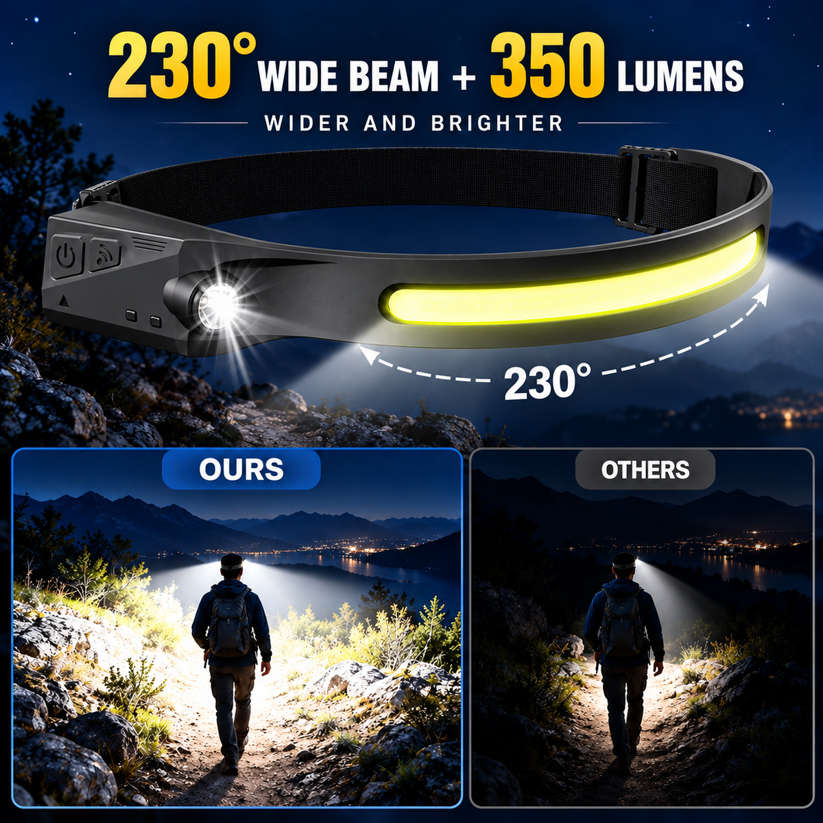 230 degree wide beam 350 lumen headlamp