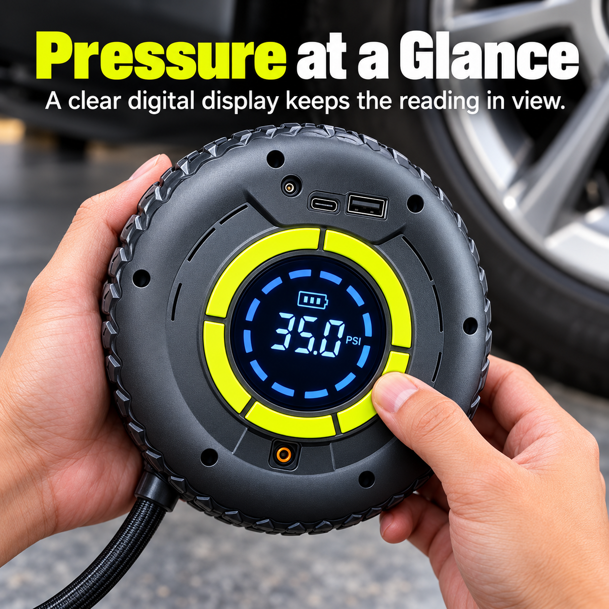 Rear digital pressure display on the portable tire inflator showing a PSI reading