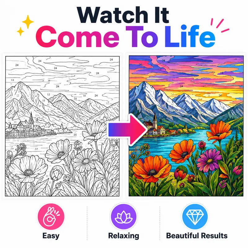 Before and after example of a mountain and floral color by number illustration
