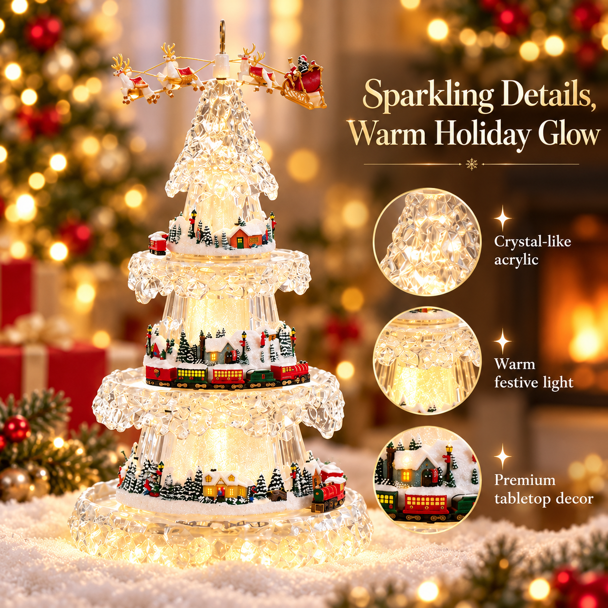 Close-up illustrations of crystal-like acrylic texture, warm Christmas lights and miniature train village