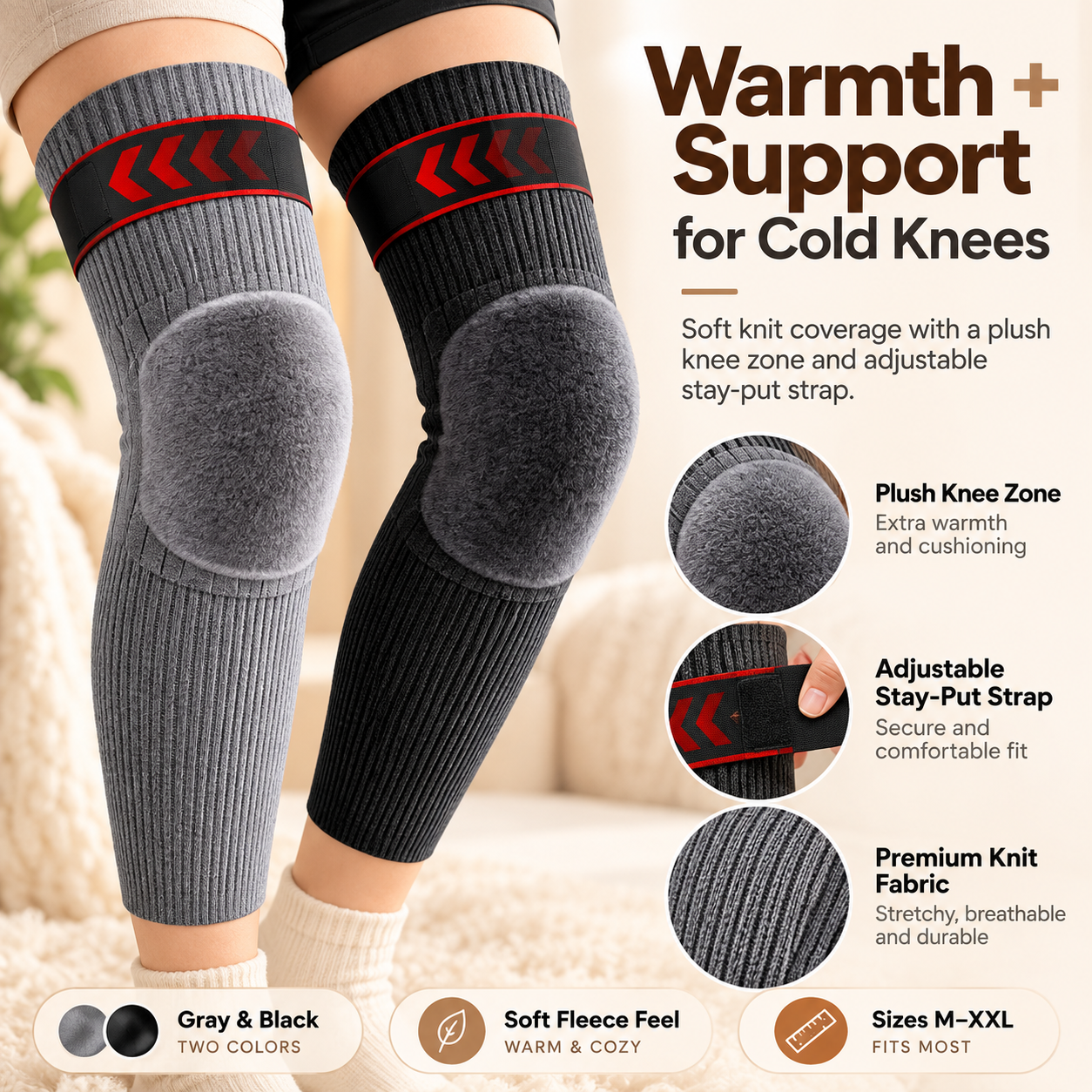 Gray and black fleece-lined thermal knee warmers