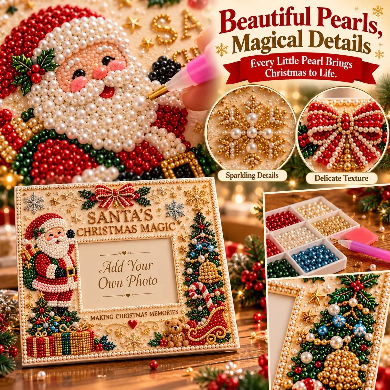 Close-up of colorful pearl beads being placed on Santa Christmas photo frame with raised decorative details