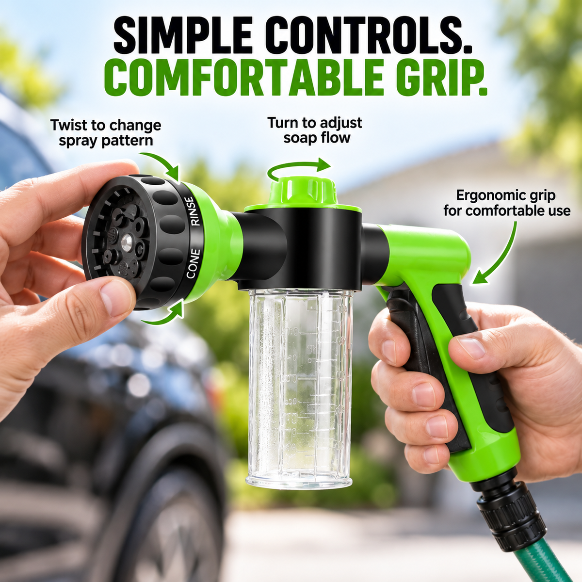 Cleaning hose gun controls and ergonomic grip