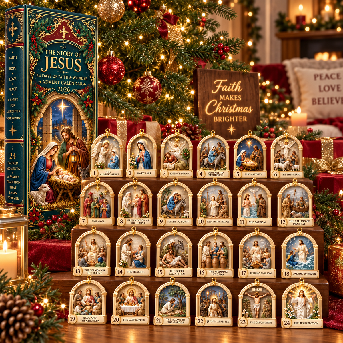 24 Story of Jesus collectible scenes displayed beside Christmas tree