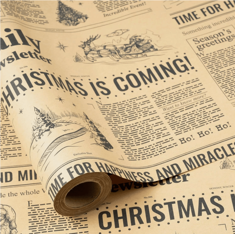 Close-up of retro Christmas newspaper wrapping paper print