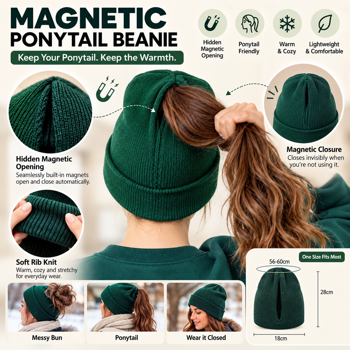 🔥2-in-1-ponytail-beanie-hat-hidden – Hidden Magnetic Closure, No-Zip Winter Knit Hat ❄️