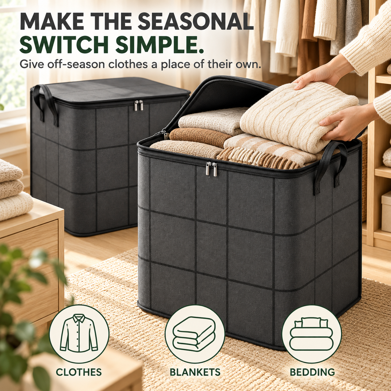 Woman packing seasonal sweaters blankets and bedding into large storage bin