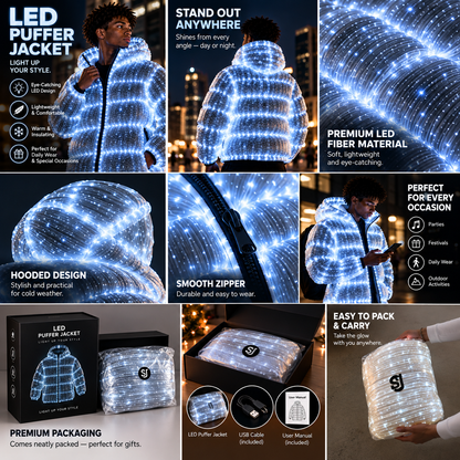 ⚡Full-Glow Fiber-Optic Puffer Jacket – Futuristic Hooded Winter Coat for Raves, Festivals & Night Events