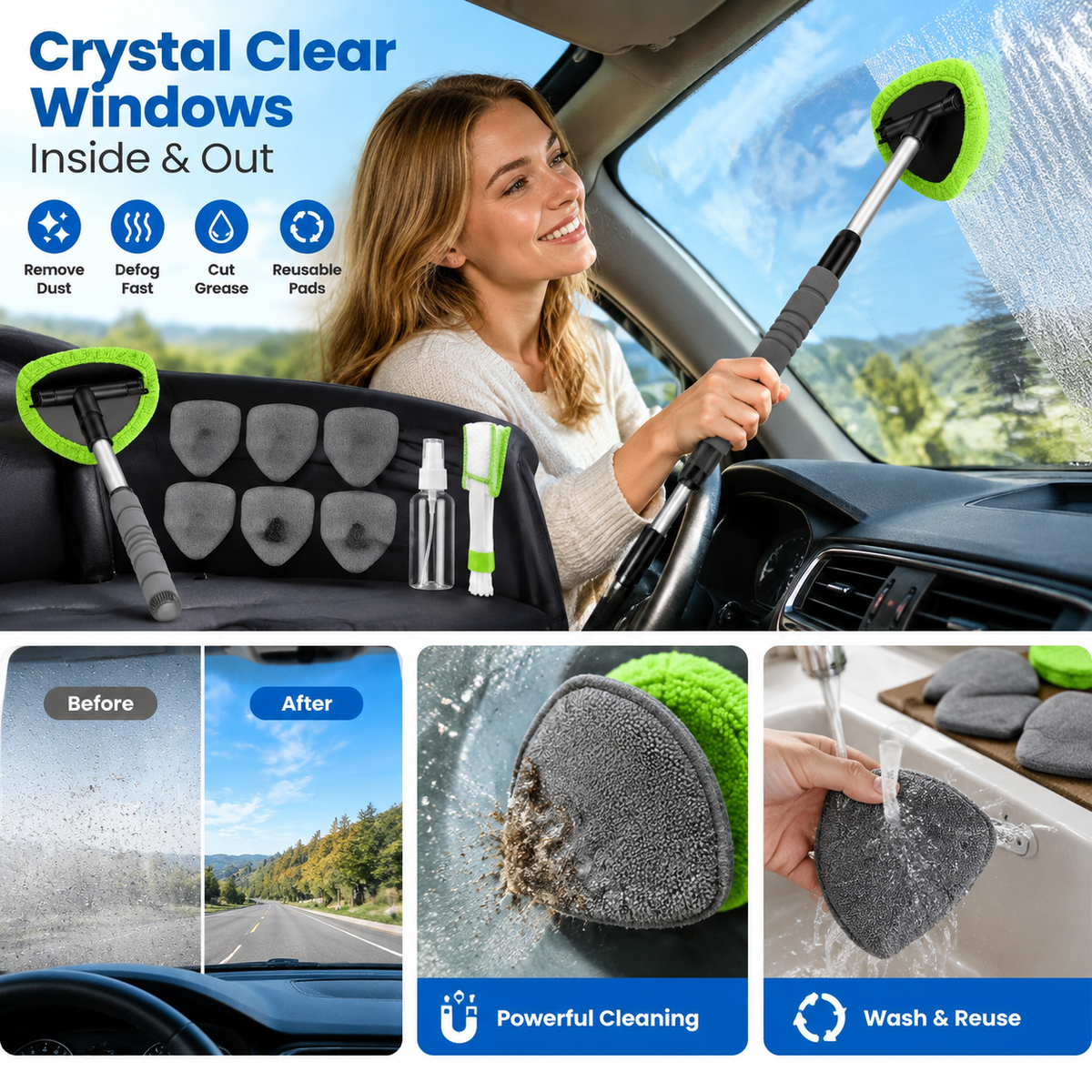 🪟9 PCS Car Window Cleaner Kit Extendable Handle Windshield Cleaning Tool