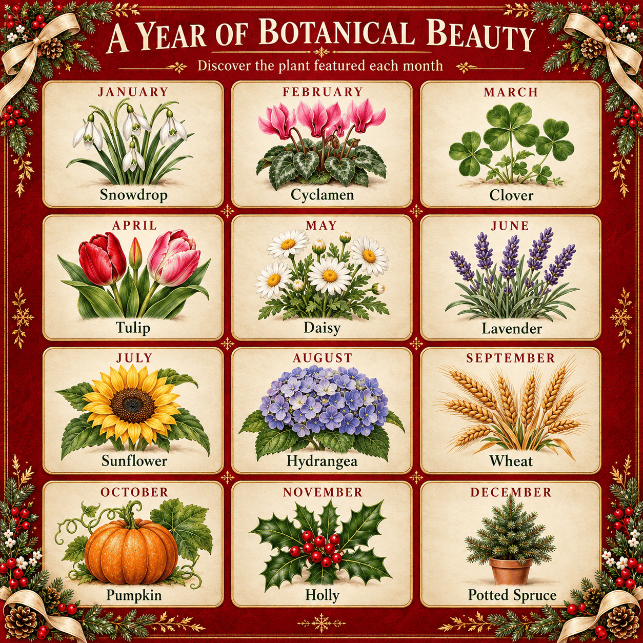 Twelve botanical themes from January snowdrop through December potted spruce