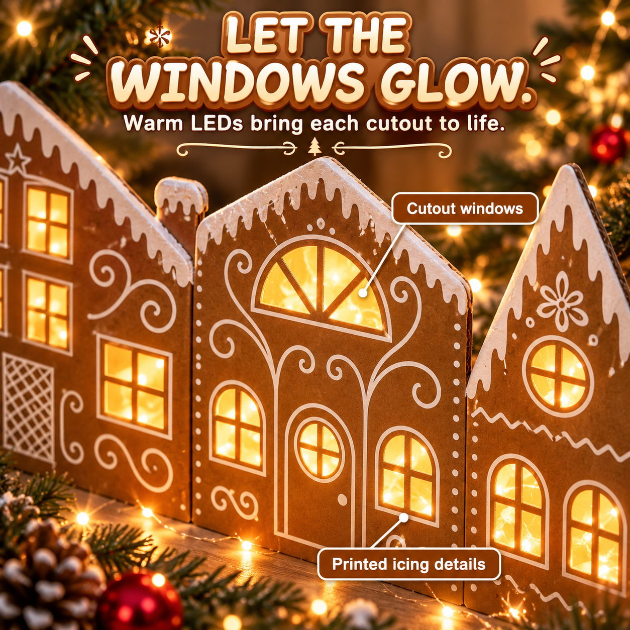 Close-up of gingerbread village cardboard houses with glowing window cutouts and printed icing details