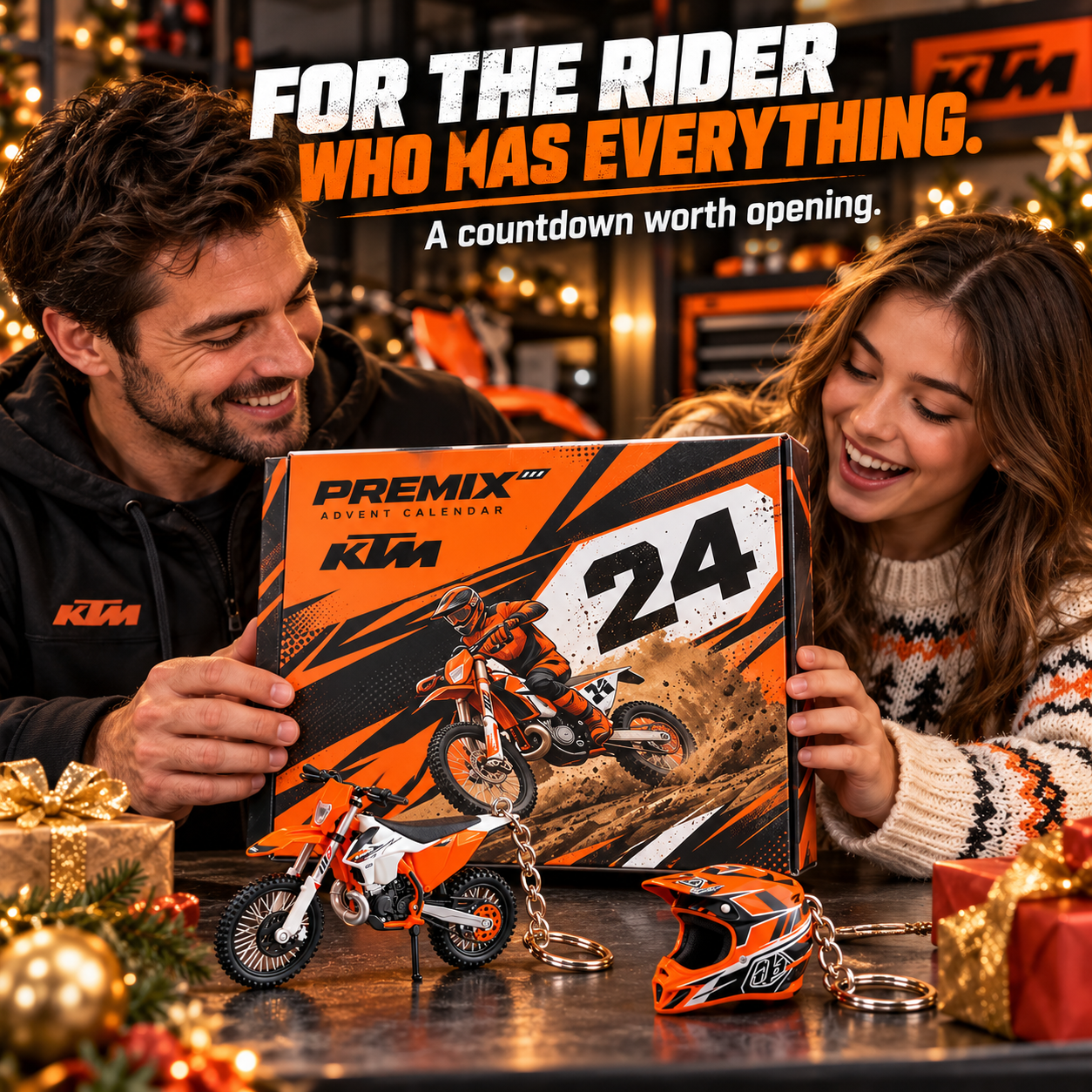 Couple smiling while exchanging an orange-and-black motocross advent calendar at Christmas