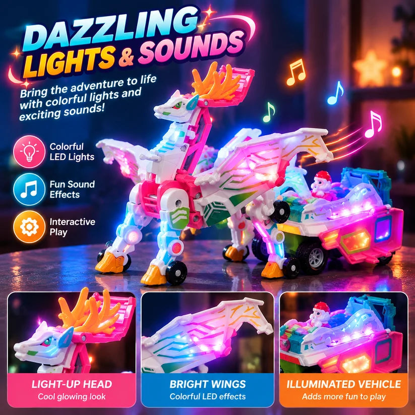 Transforming unicorn toy with colorful LED lights and sound effects