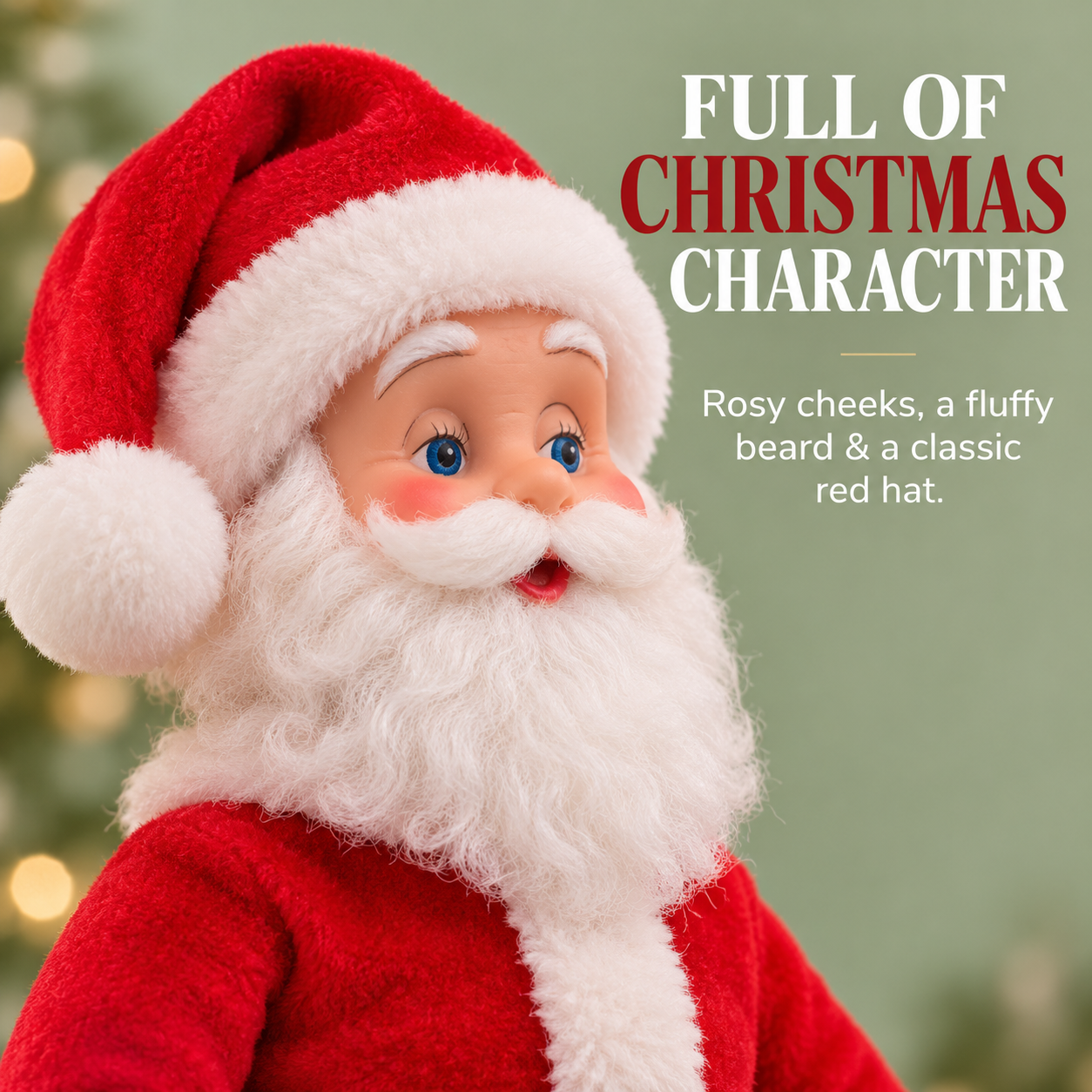 Close-up of Santa face showing blue eyes rosy cheeks white beard and red Christmas hat