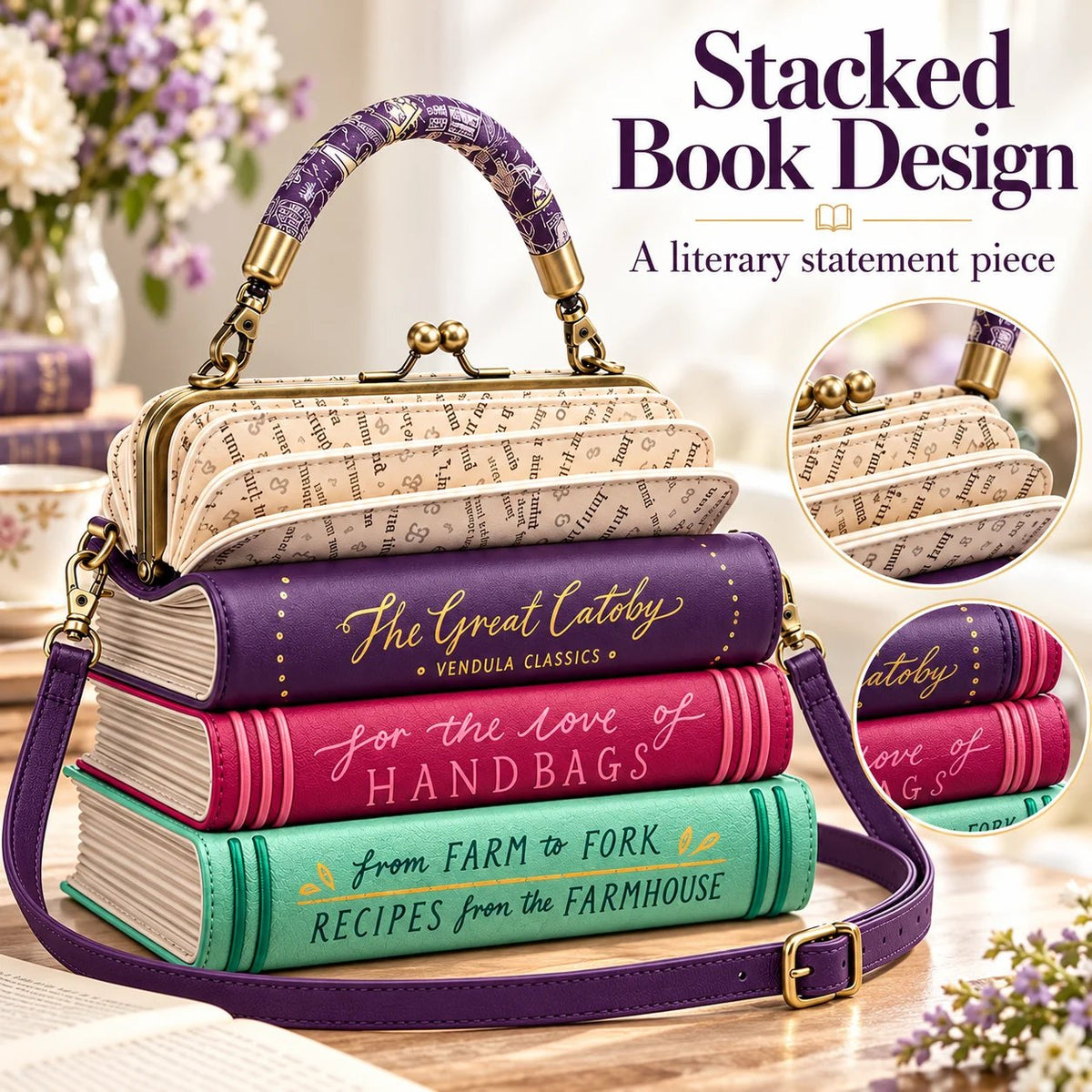 📚 Stacked Book Handbag – Vintage Book-Shaped Crossbody Purse for Book Lovers