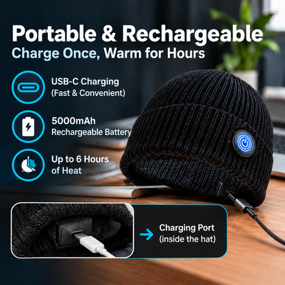🔥ThermoBeanie™ Rechargeable Heated Beanie – 3 Heat Settings, 5000mAh Battery & USB-C Charging