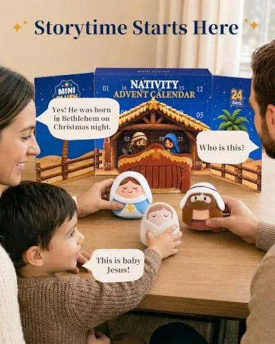Family using Nativity plush figures to share the Christmas story