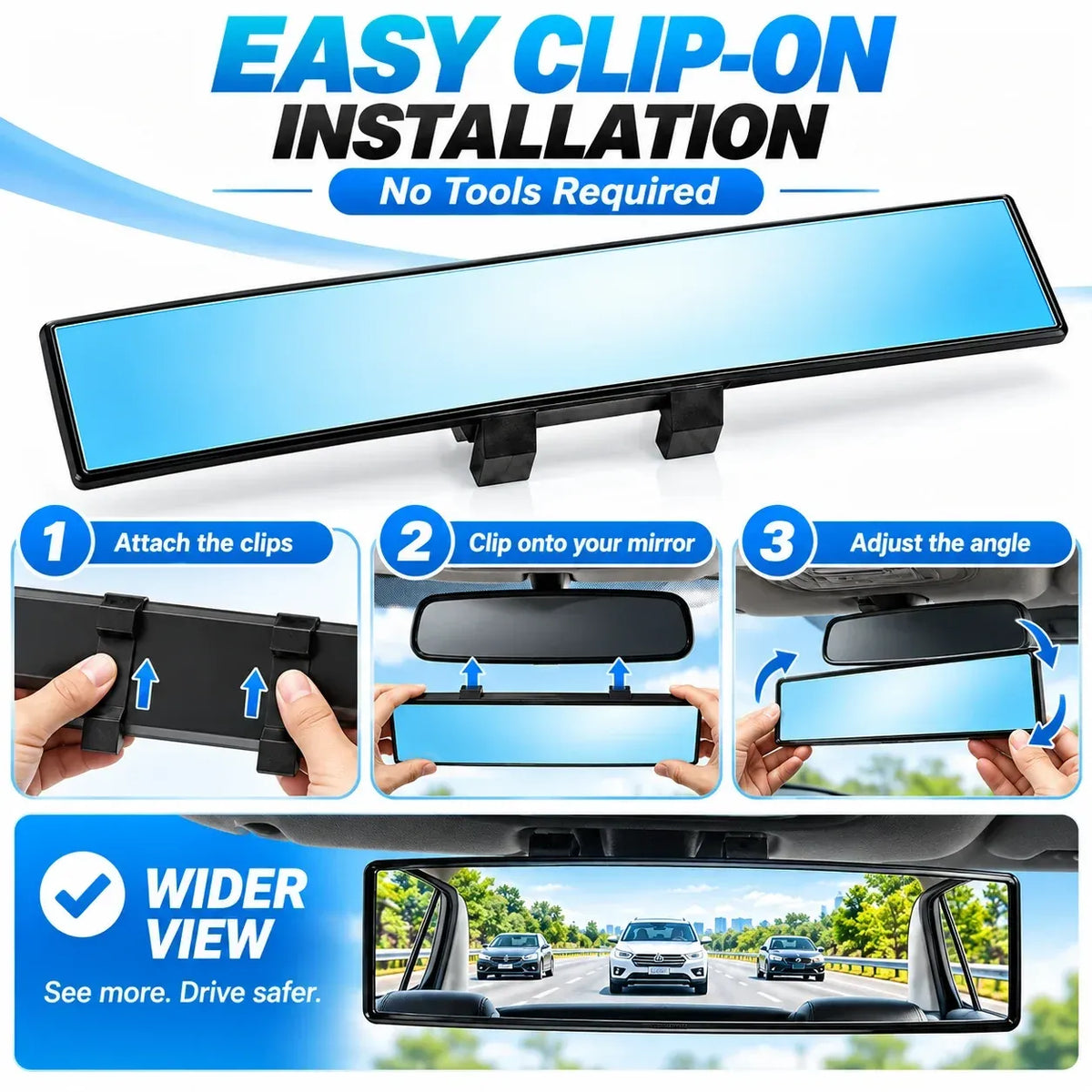 🚗Universal 12-Inch Convex Car Rear View Mirror, Panoramic Clip-On Interior Mirror with Clear Wide View