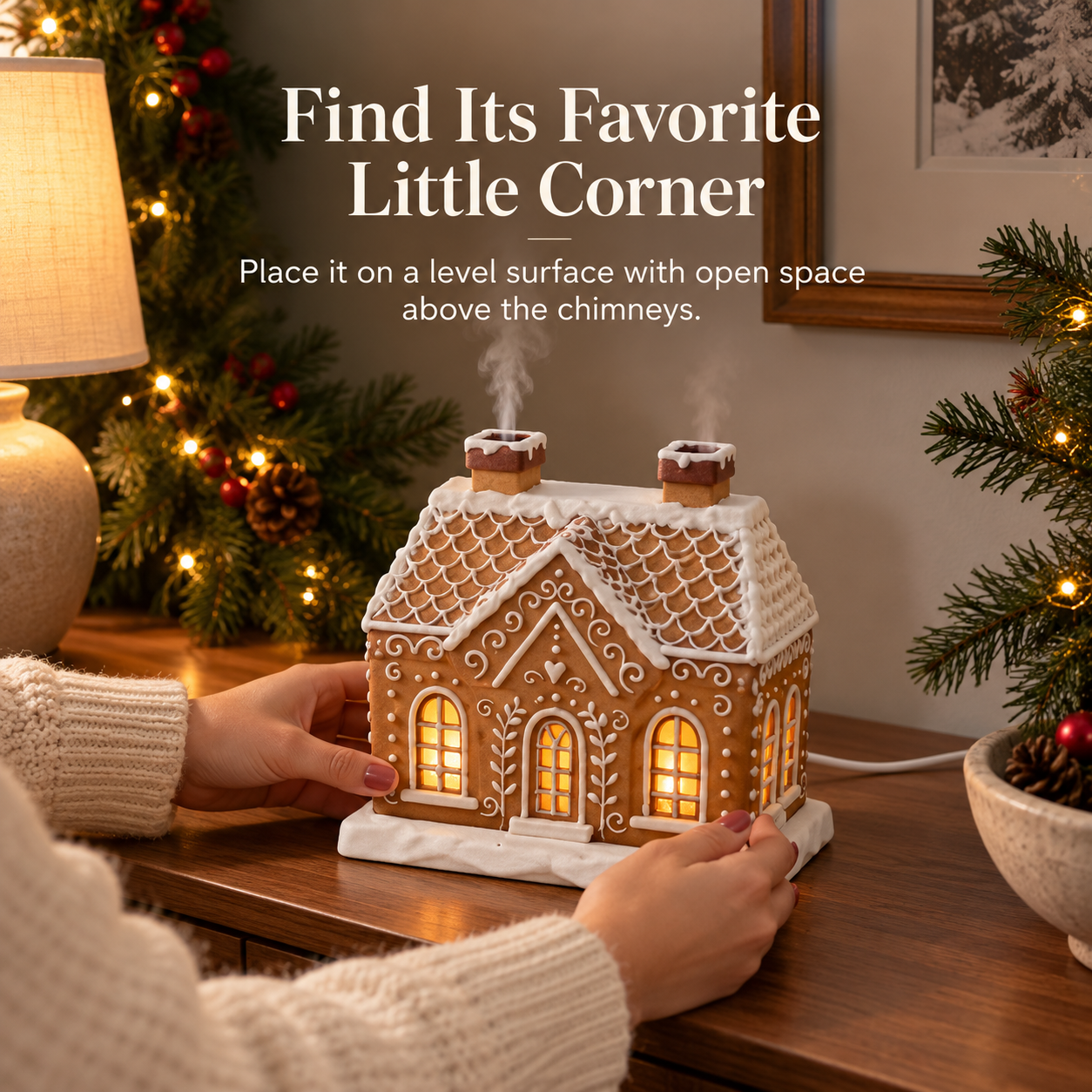 Gingerbread house diffuser being positioned on a Christmas-decorated console table