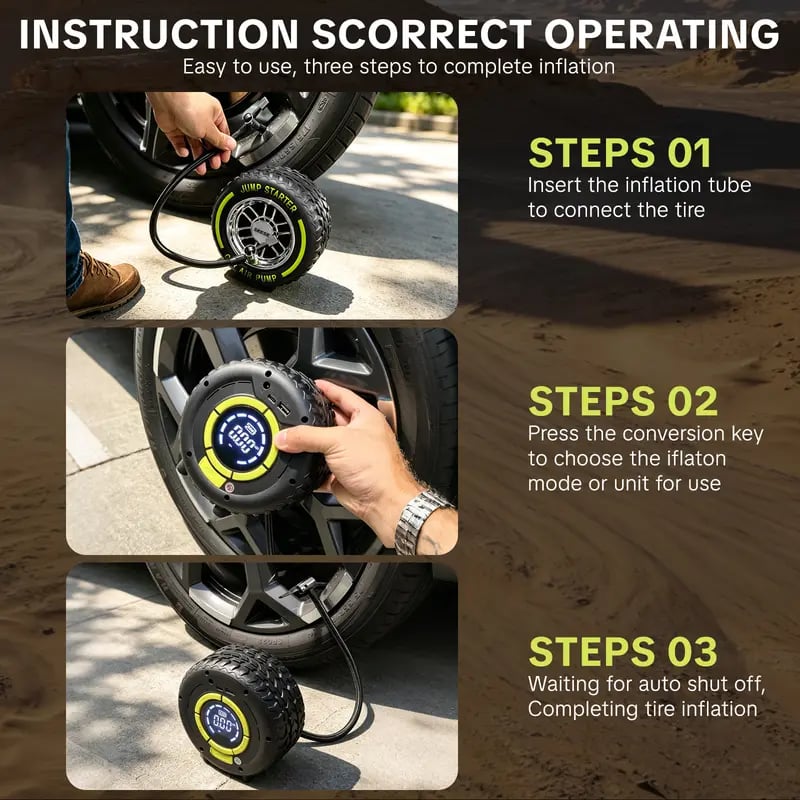 Three steps to connect, set and inflate a car tire
