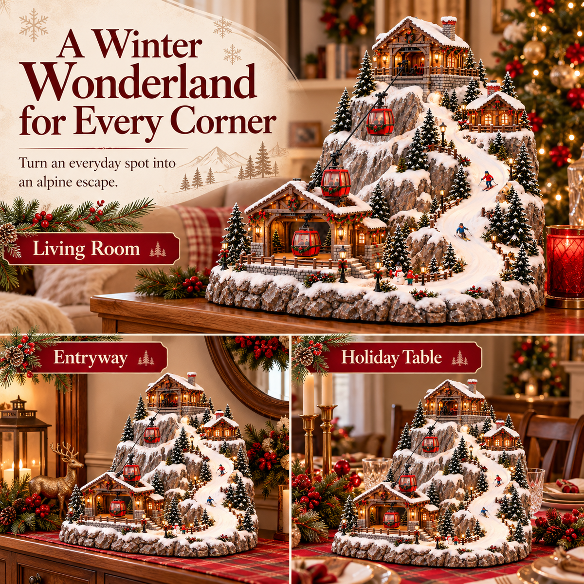 🏔️ Alpine Christmas Ski Village 🎄 Magical Miniature Snowy Mountain with Gondolas & Skiers ✨