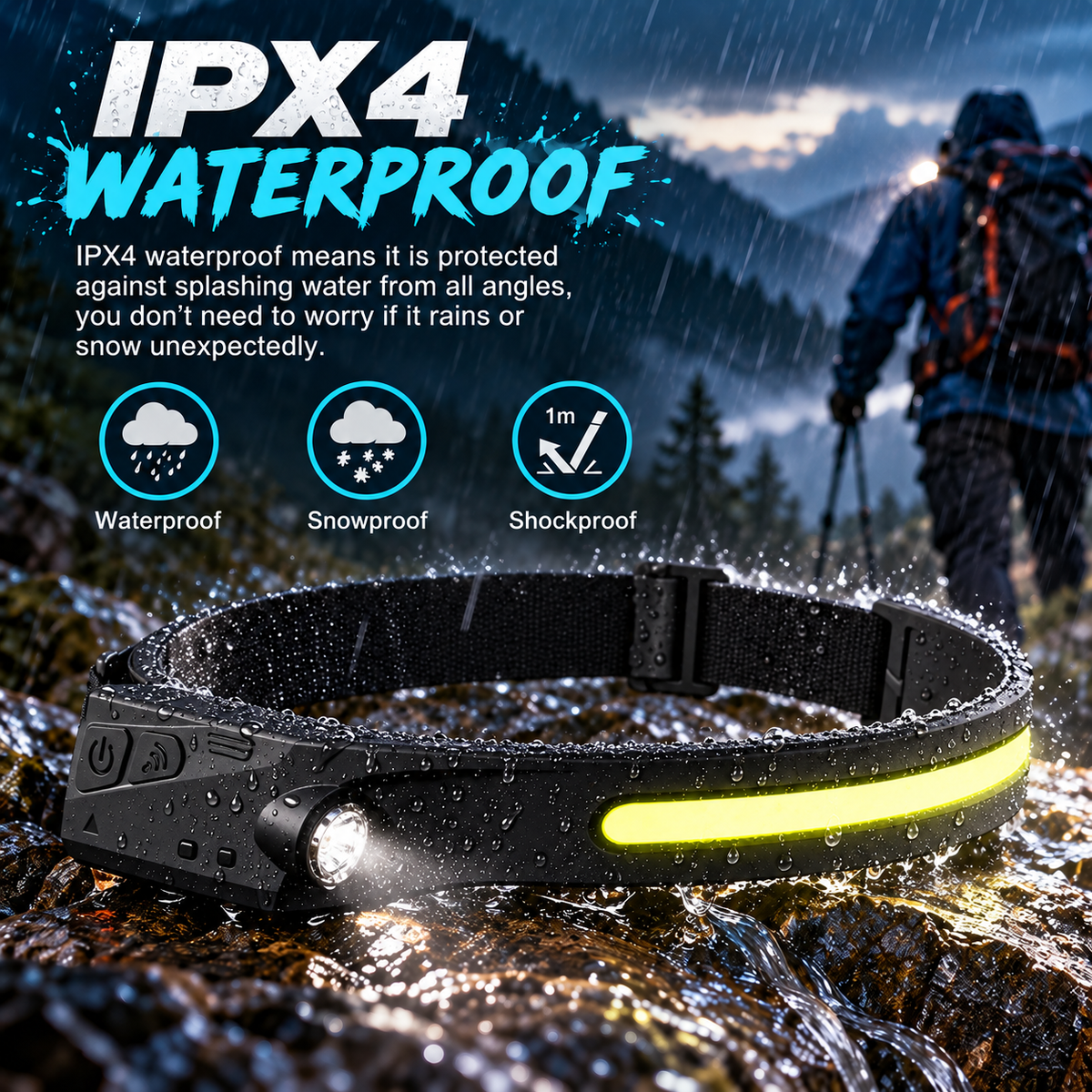 IPX4 splash resistant headlamp in rain