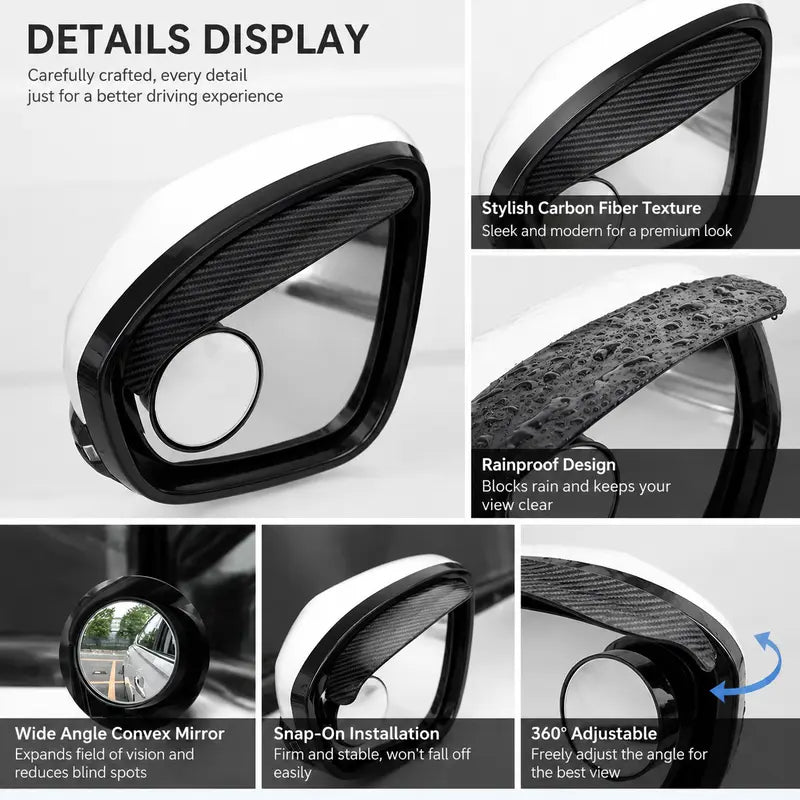 2-Pack Car Side Mirror Rain Visors with 360° Blind Spot Mirrors – Clearer View for Safer Driving
