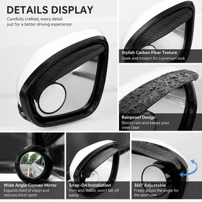 2-Pack Car Side Mirror Rain Visors with 360° Blind Spot Mirrors – Clearer View for Safer Driving