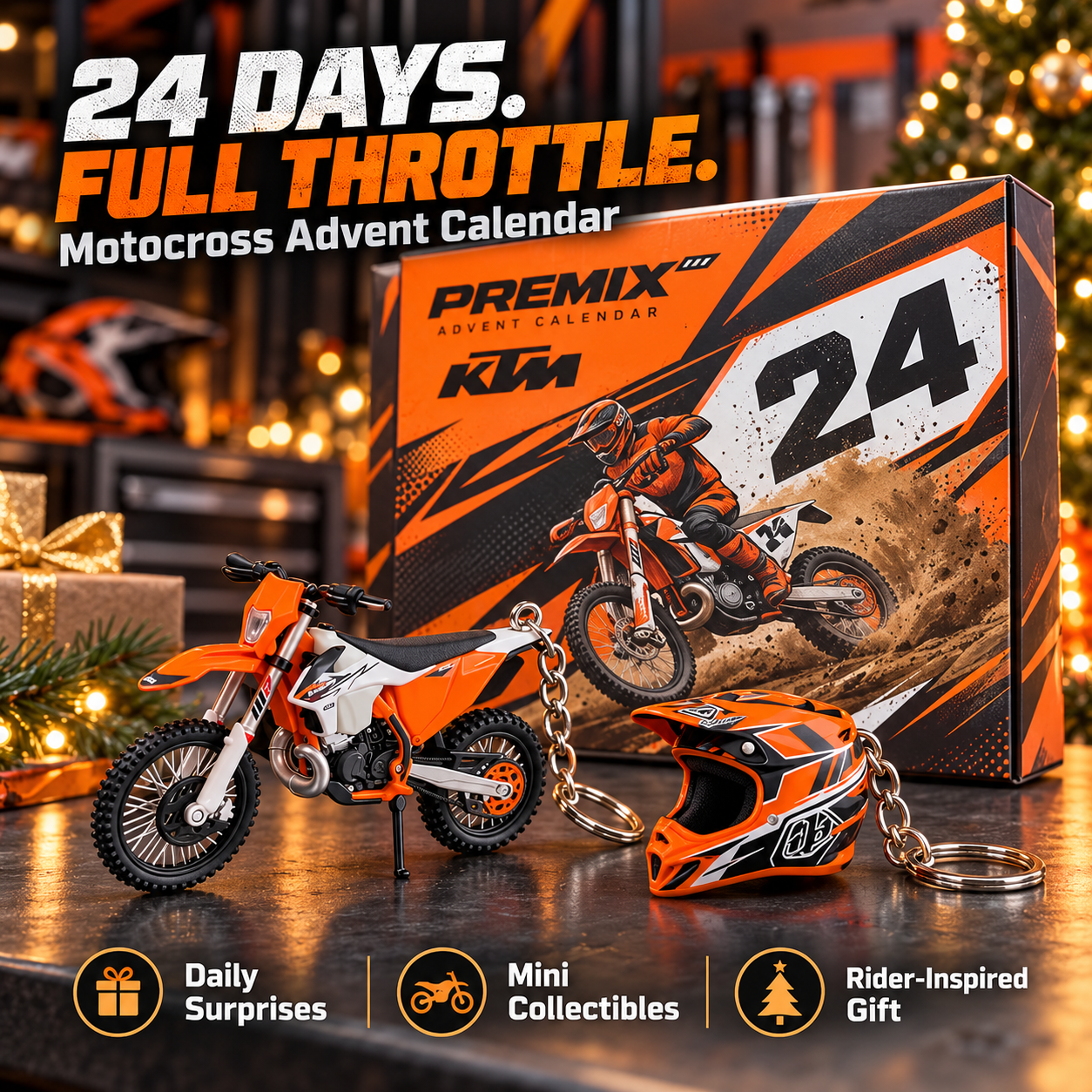 Orange-and-black 24-day motocross advent calendar with miniature dirt bike and helmet keychains