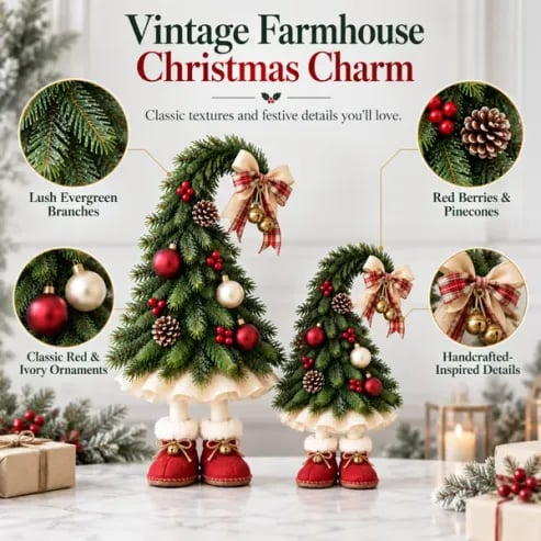 Close-up details of Christmas elf trees showing pinecones red berries plaid bows bells and ornaments