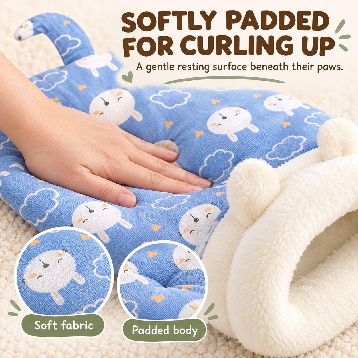 Hand pressing the soft padded body of a blue sheep-pattern pet cave