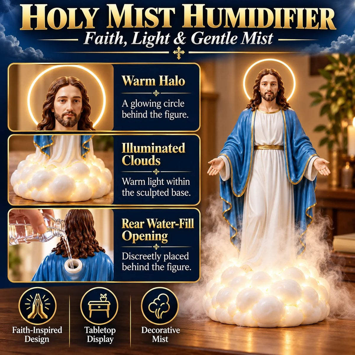 ✝️ Holy Mist Jesus Humidifier – Light-Up Christian Statue with Halo & Cloud Mist