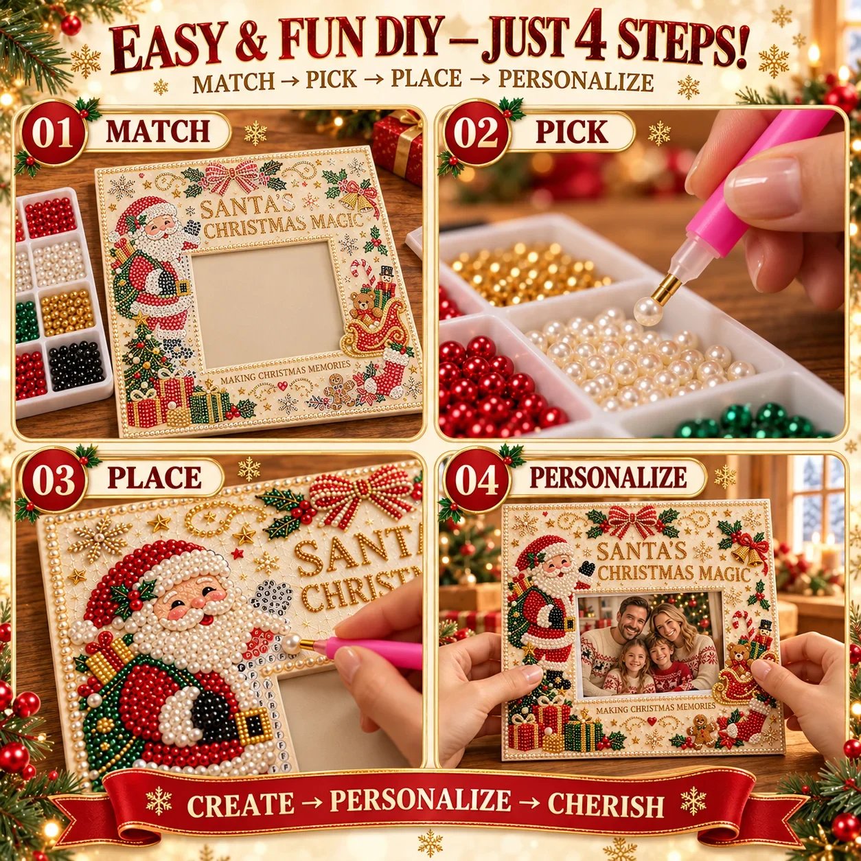 Four steps for making Christmas pearl art photo frame: match pick place and personalize